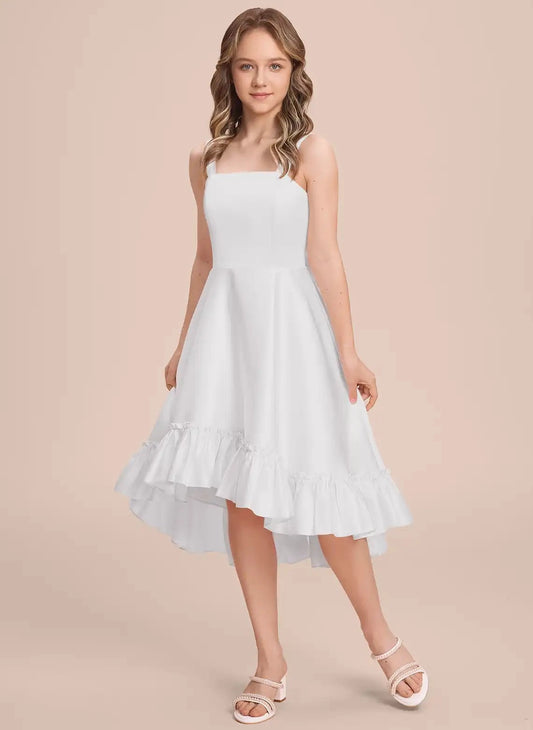 Elegant A Line Square Neck Sleeveless Bow Back Midi Junior Bridesmaid Dress