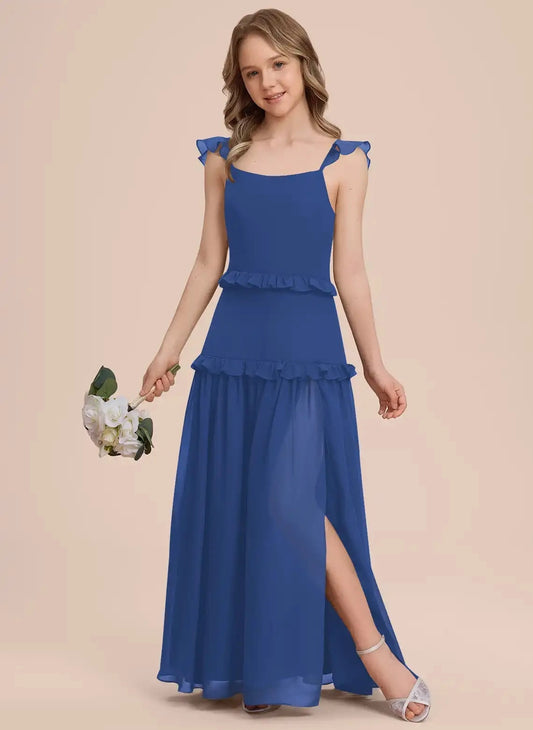 Elegant A Line Square Neck Ruffle Sleeve Low Back Junior Bridesmaid Dress