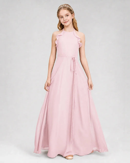 Elegant A Line Halter Sleeveless Open Back Floor Length Bridesmaid Dress