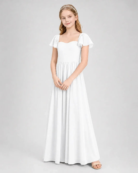Elegant A-Line Sweetheart Flutter Sleeve Lace-Up Floor-Length Junior Bridesmaid Dress