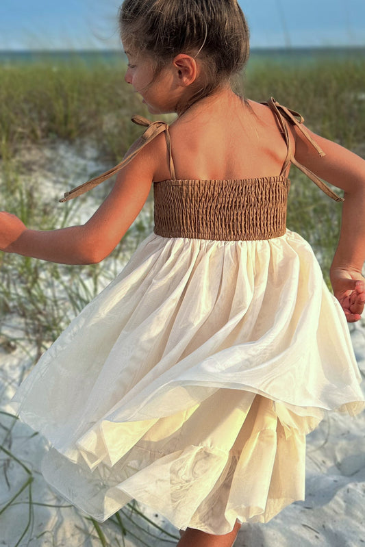 Boho A-Line Scoop Neck Tie Strap Smocked Back Flower Girl Dress