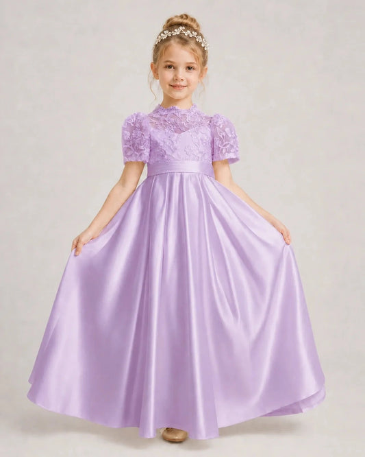 Elegant A Line High Neck Puff Sleeve Bow Back Floor Length Communion Dress