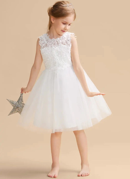 Elegant A Line High Neck Sleeveless Open Back Knee Length Communion Dress