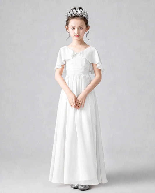 Elegant A-Line V-Neck Flutter Sleeve Strappy Back Floor-Length Junior Bridesmaid Dress