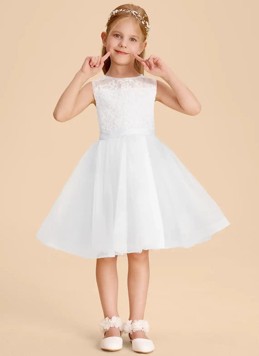 Elegant A Line Round Neck Sleeveless Cutout Back Knee Length Flower Girl Dress
