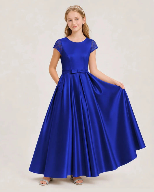 Elegant A Line Round Neck Lace Sleeve Button Back Maxi Flower Girl Dress