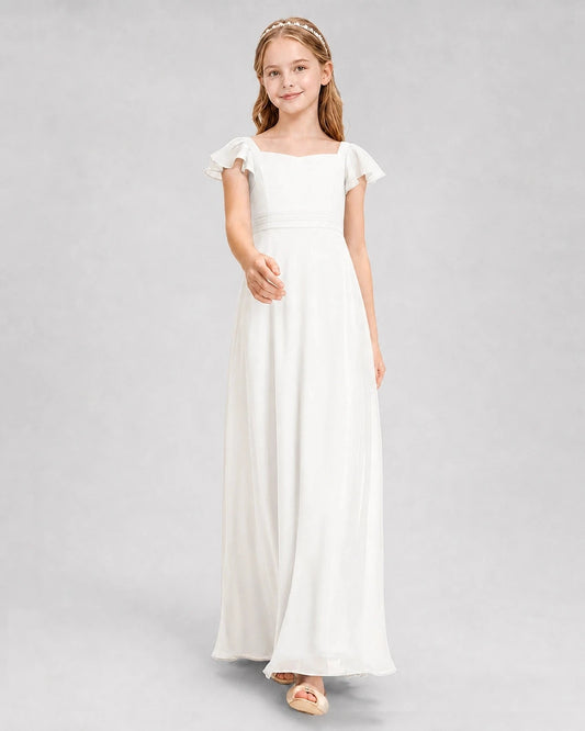 Elegant A Line Square Neck Flutter Sleeve Tie Back Maxi Bridesmaid Dress