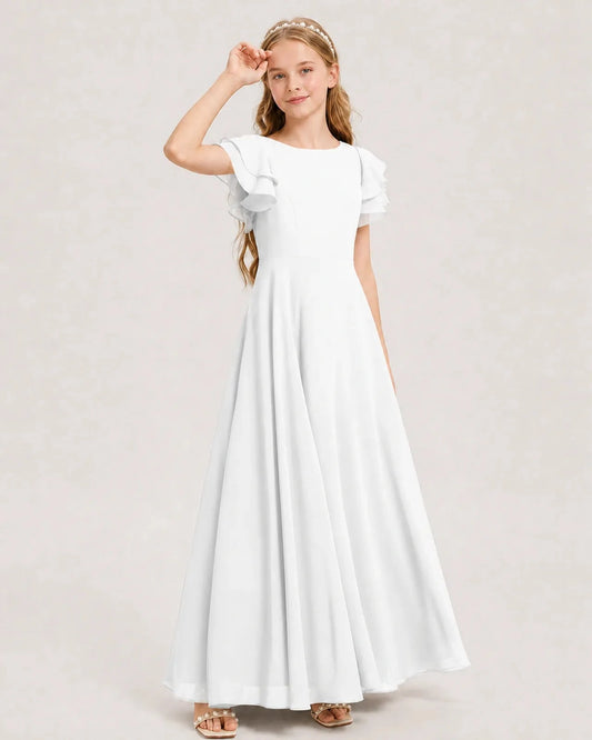 Elegant A Line Round Neck Flutter Sleeve Bow Back Floor Length Dress