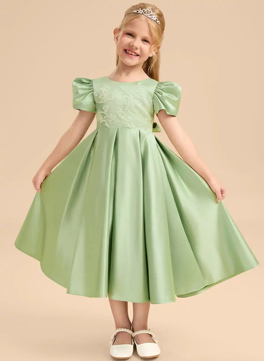 Elegant A?Line Round Neck Puff Short Sleeve V?Back Midi Flower Girl Dress
