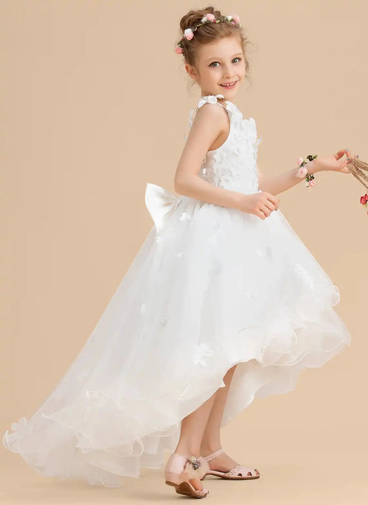 Elegant A-line V Neck Sling Open Back High Low Flower Girl Dress