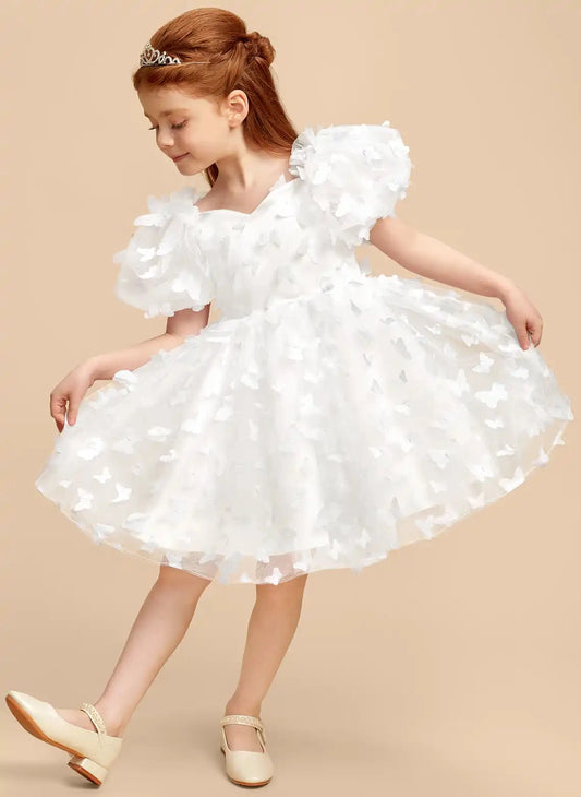 White A?Line Sweetheart Puff Sleeve Zipper Back Knee?Length Flower Girl Dress