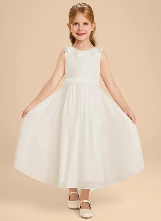 Elegant A-line Ruffle Neck Sleeveless V-back Maxi First Communion Dress
