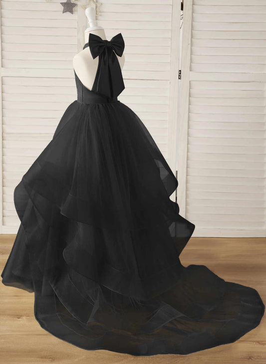 Elegant A-line Halter Sleeveless Open Back Bow Train Flower Girl Dress