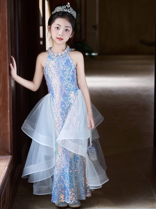 Sparkling Mermaid Halter Sleeveless Closed Back Floor Length Girls Pageant Dress