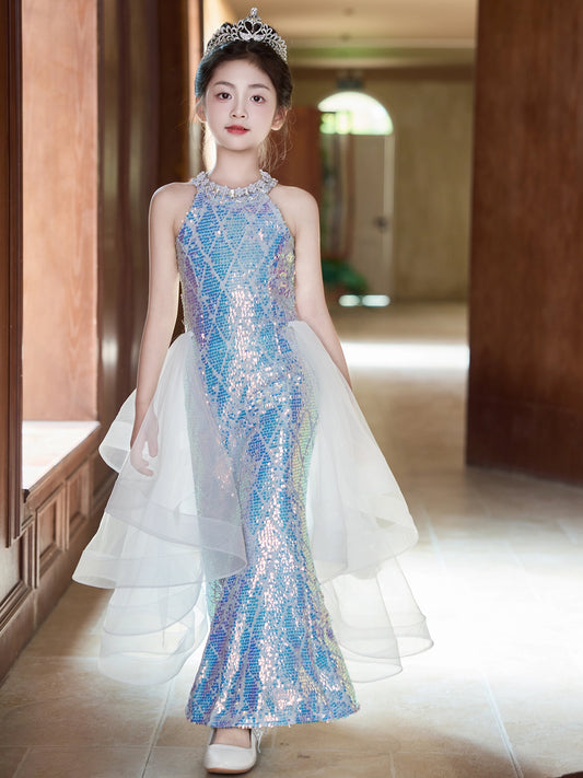 Sparkling Mermaid Halter Sleeveless Closed Back Floor Length Girls Pageant Dress
