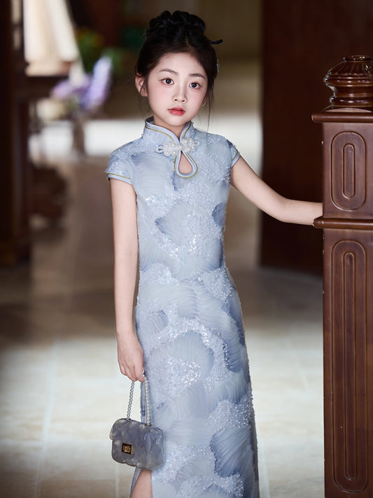 Elegant Sheath Mandarin Collar Short Sleeve Closed Back Maxi Qipao Dress