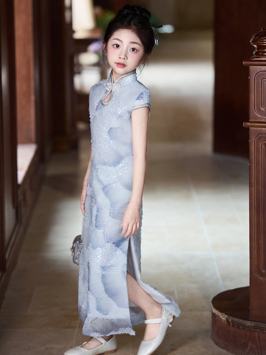 Elegant Sheath Mandarin Collar Short Sleeve Closed Back Maxi Qipao Dress