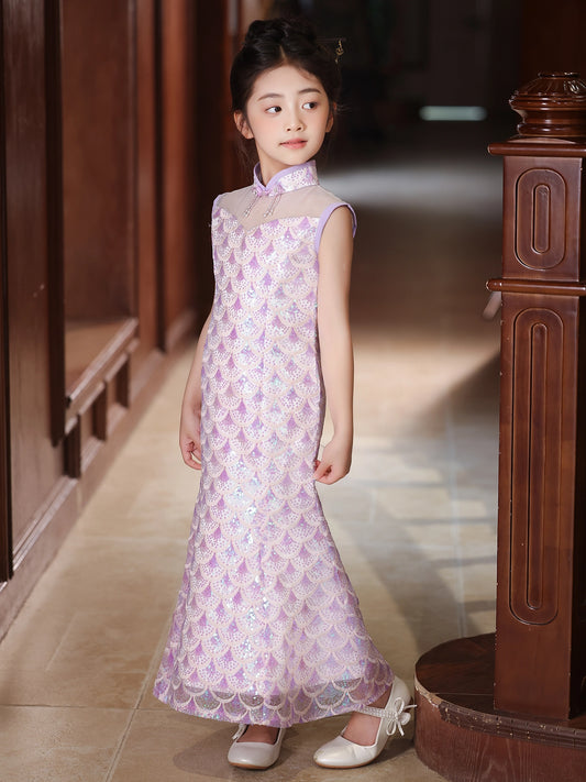 Elegant Mermaid Mandarin Neck Sleeveless Zip Back Maxi Girls Dress