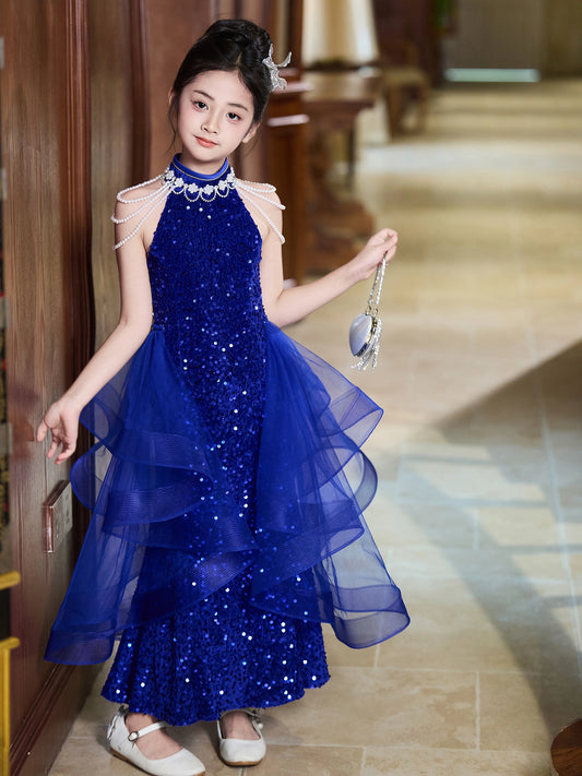 Glamorous Column Halter Sleeveless Closed Back Maxi Girls Pageant Dress