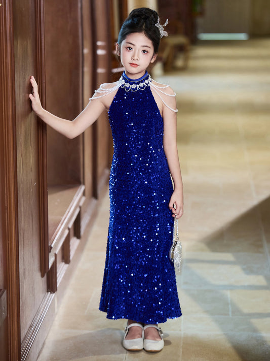 Glamorous Sheath Halter Sleeveless Open Back Floor Length Girls Formal Dress