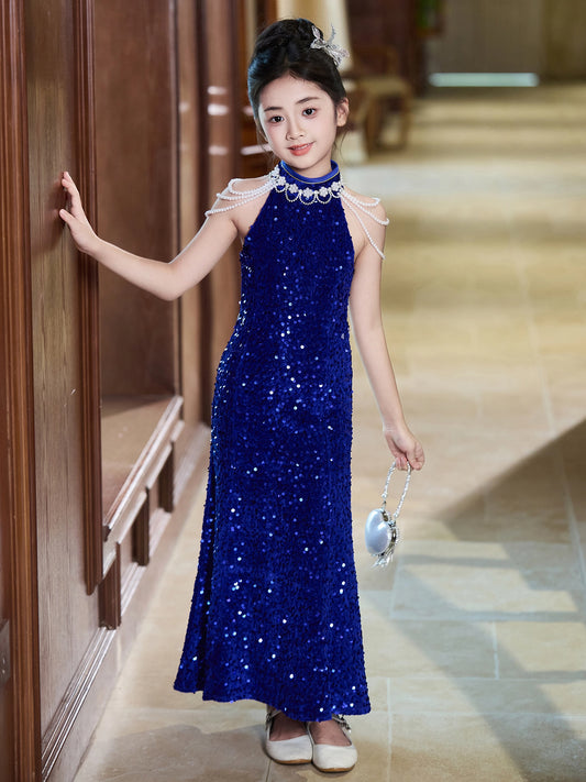Glamorous Sheath Halter Sleeveless Open Back Floor Length Girls Formal Dress