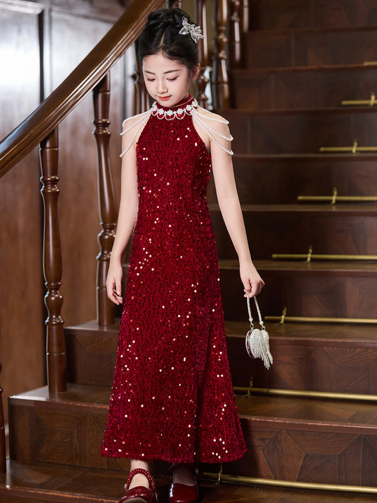 Glamorous A Line Halter Sleeveless Open Back Maxi Girls Party Dress
