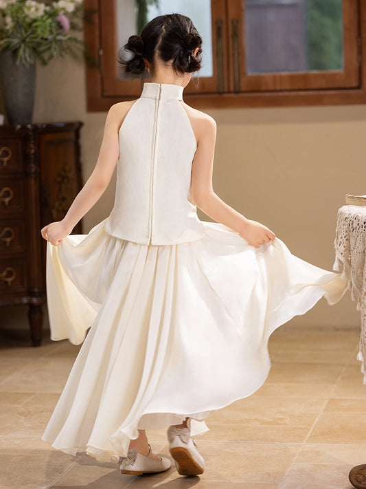 Elegant A Line Mandarin Collar Sleeveless Zip Back Maxi Girls Dress