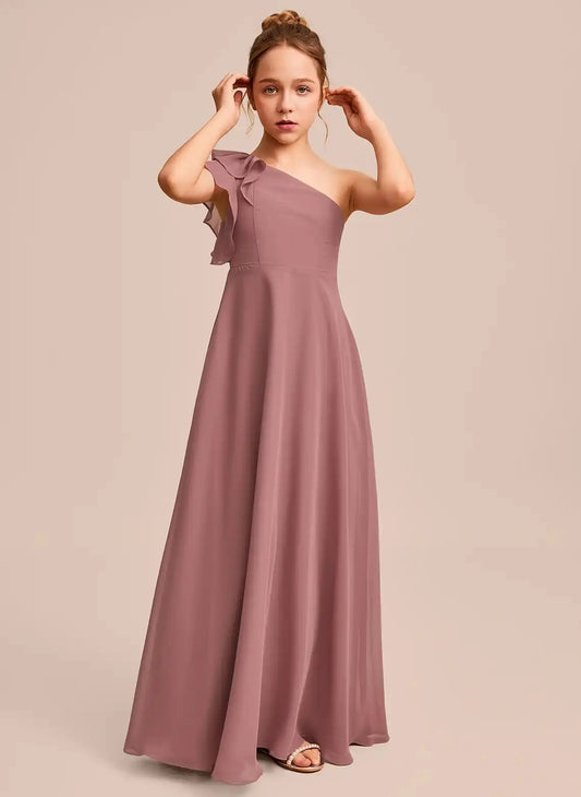 Elegant A Line One Shoulder Ruffle Sleeve Zipper Back Maxi Junior Bridesmaid Dress