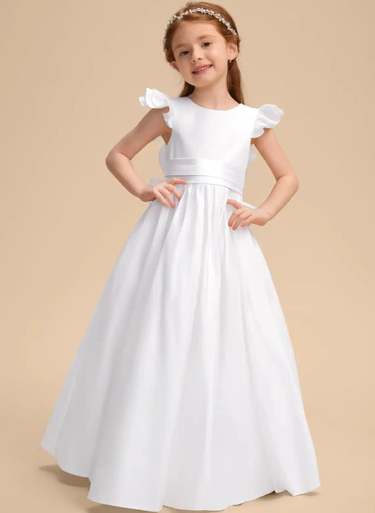 White A Line Round Neck Flutter Sleeve V Back Floor Length First Communion Dress