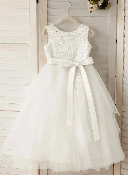 Elegant A?Line Round Neck Sleeveless Zipper?Back Midi First Communion Dress