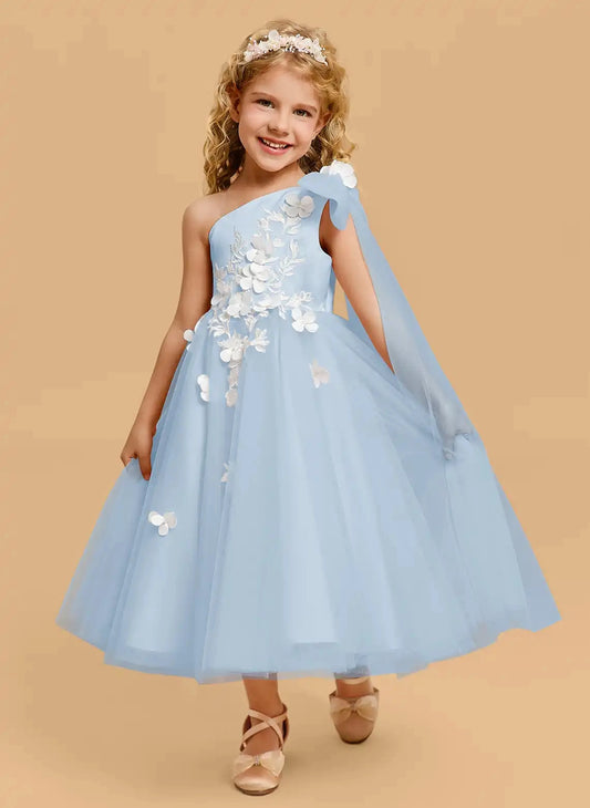 Elegant A Line One Shoulder Sleeveless Open Back Midi Flower Girl Wedding Dress
