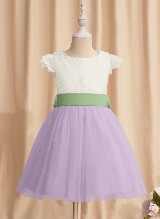 Charming A Line Round Neck Cap Sleeve Bow Back Knee Length Flower Girl Dress