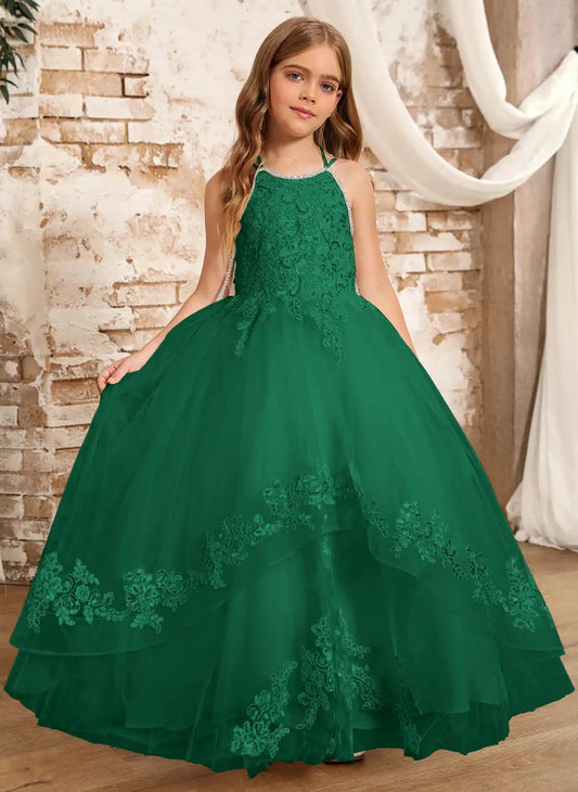 Elegant Ballgown Halter Sleeveless Tie Open Back Floor Length Communion Dress