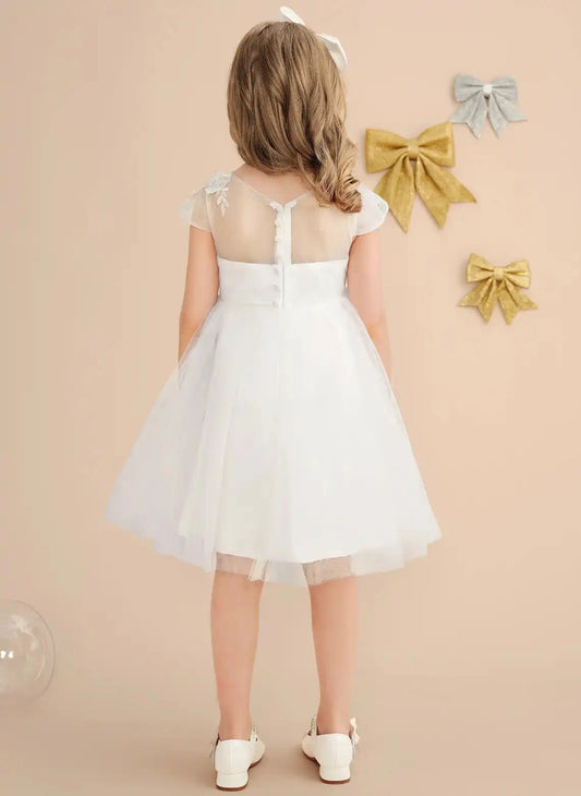 Elegant A Line Round Neck Cap Sleeve Button Back Knee Length Flower Girl Dress
