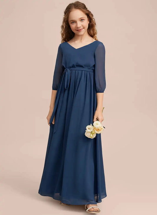 Elegant A?Line V?Neck 3/4 Sleeve V?Back Floor?Length Junior Bridesmaid Dress
