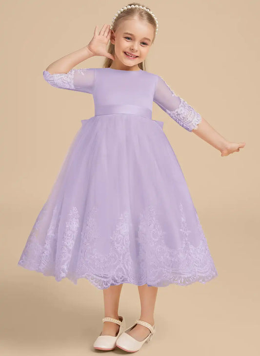 Elegant A Line Round Neck Elbow Sleeve Bow Back Midi Flower Girl Dress