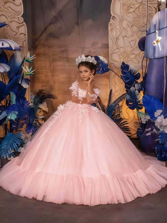 Luxury Ball Gown Square Neck Long Sleeve Illusion Back Train First Communion Dress
