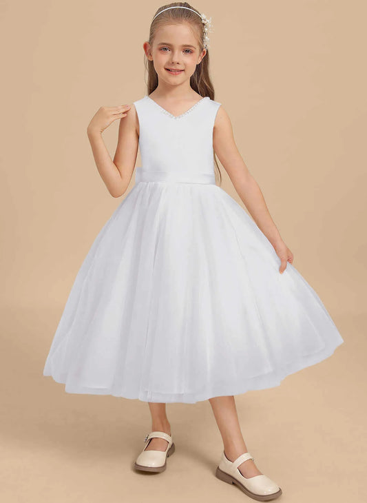 Elegant A Line V Neck Sleeveless Open Back Midi First Communion Dress