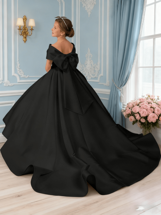 Luxury Ballgown Off Shoulder Short Sleeve Big Bow Back Train Flower Girl Dress