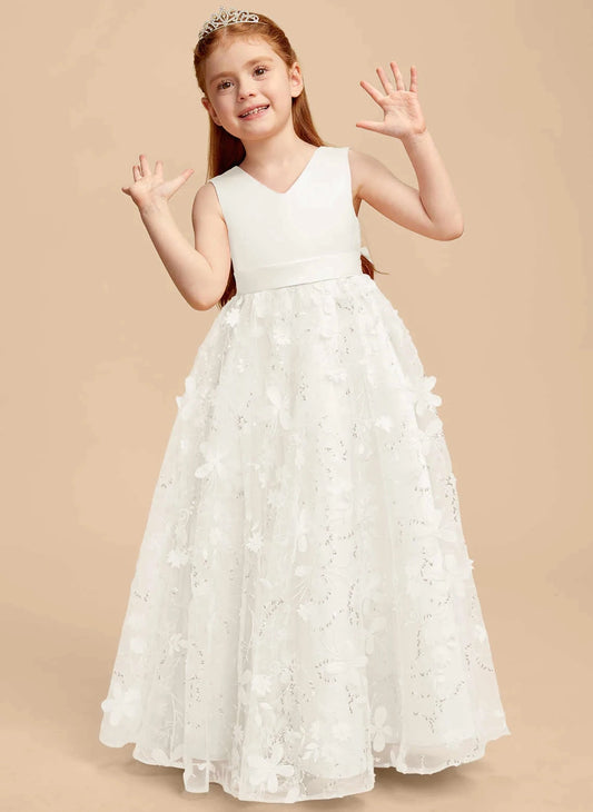 Elegant A Line V Neck Sleeveless Big Bow V Back Floor Length First Communion Dress