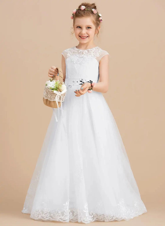 Elegant A?Line Round Neck Cap Sleeve Keyhole Back Floor?Length First Communion Dress