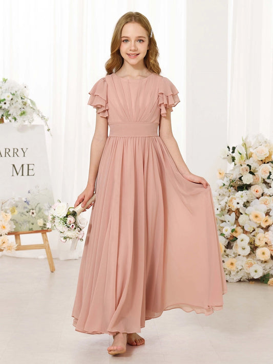 Dusty Pink A?Line Round Neck Ruffle Sleeve Zipper Back Maxi Junior Bridesmaid Dress
