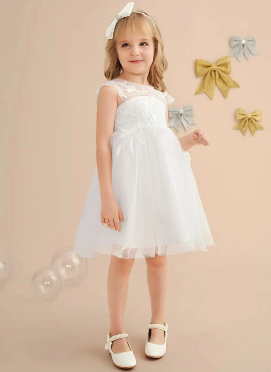 Elegant A Line Round Neck Cap Sleeve Button Back Knee Length Flower Girl Dress