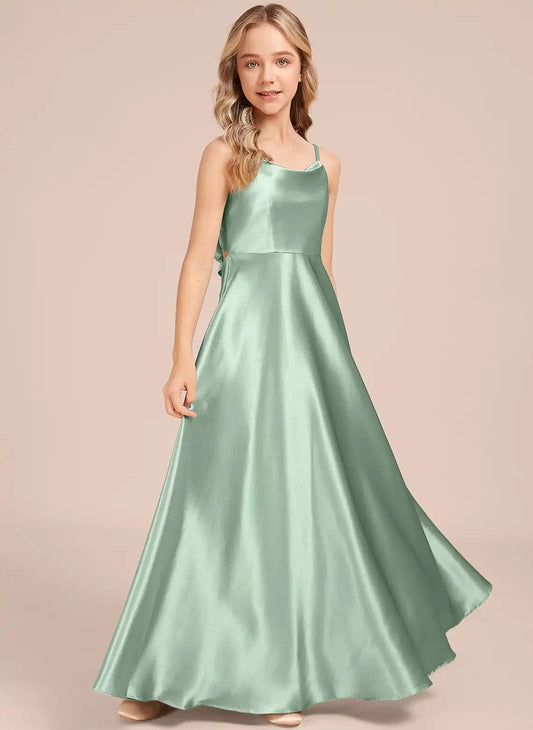 Luxury Satin A-Line Square Neck Spaghetti Strap Cutout Bow Back Floor Length Junior Bridesmaid Dress