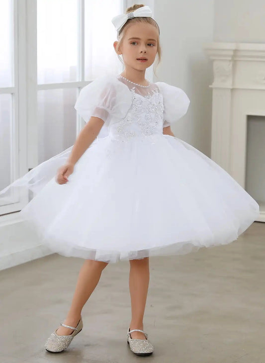 Elegant A?line Illusion Neck Puff Sleeve Sheer Back Knee Length First Communion Dress