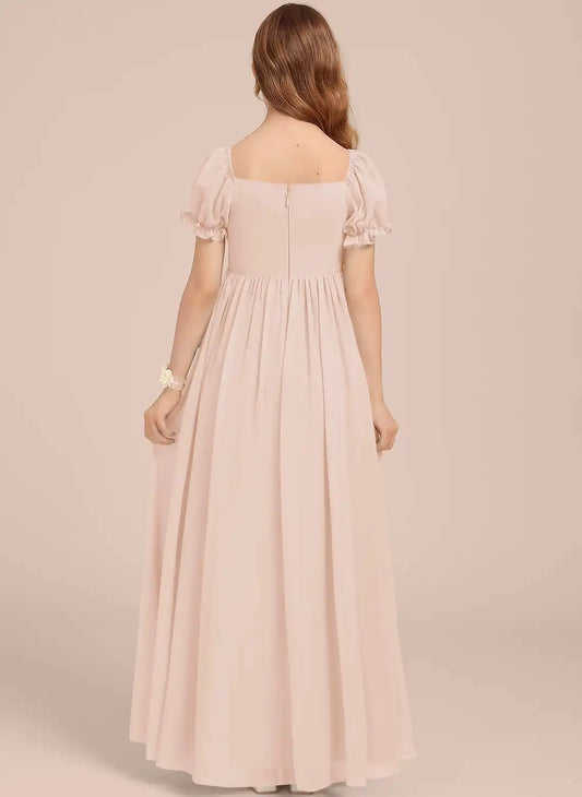 Elegant A?Line Square Neck Puff Short Sleeve Zipper Back Floor?Length Junior Bridesmaid Dress  >
