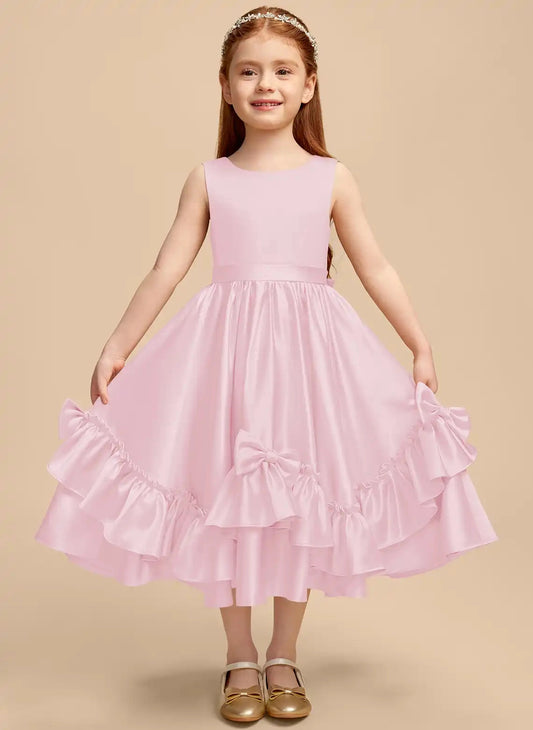 Elegant A-Line Round Neck Sleeveless V-Back Midi Junior Bridesmaid Dress