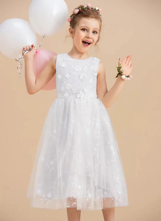 Charming A?Line Round Neck Sleeveless Keyhole Back Midi Flower Girl Dress