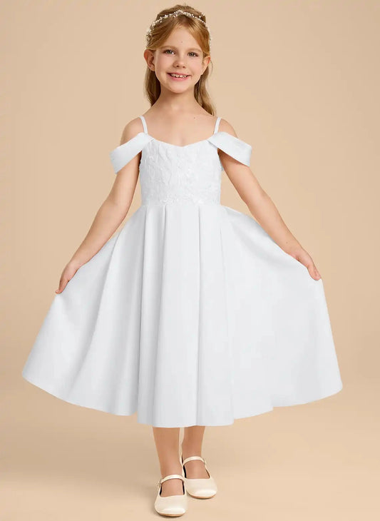 Elegant A?Line Off?The?Shoulder Cold Shoulder Spaghetti Strap Bow Back Midi First Communion Dress
