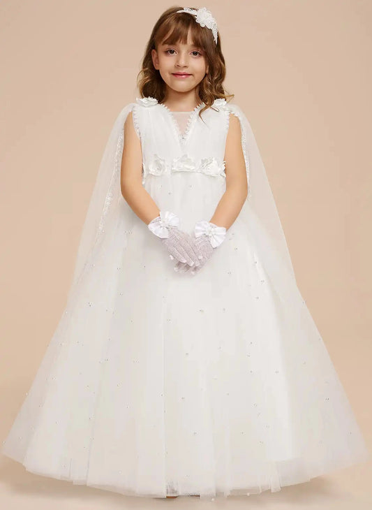Elegant A?Line V?Neck Sleeveless Zipper?Back Floor?Length First Communion Dress
